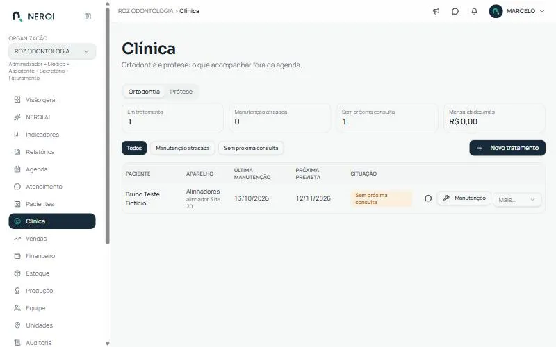 Painel Clínica, aba Ortodontia