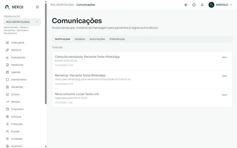 Comunicações, aba Notificações