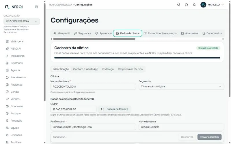 Cadastro da clínica, aba Identificação
