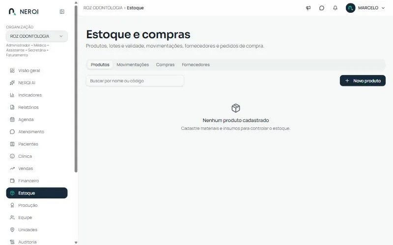 Estoque e compras, aba Produtos