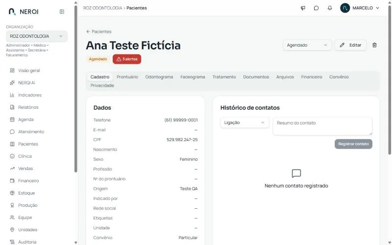 Ficha do paciente, aba Cadastro