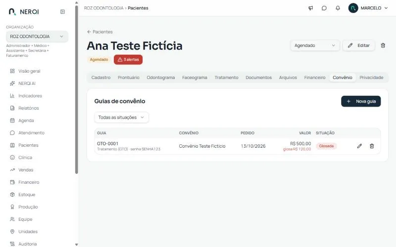 Guias de convênio na ficha do paciente