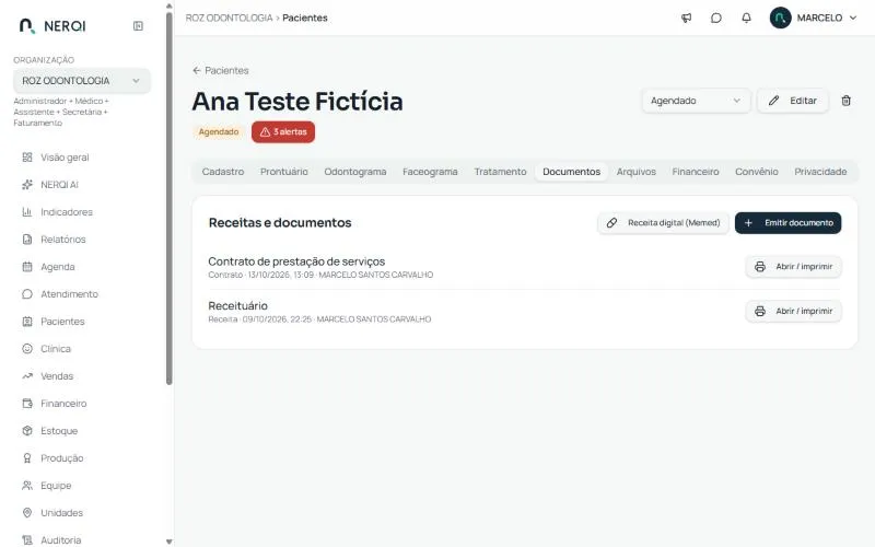 Aba Documentos com receita digital Memed e emissão de documentos