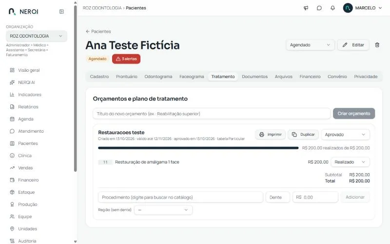 Aba Tratamento com orçamento aprovado e itens realizados