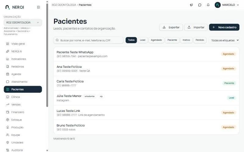 Lista de pacientes com busca e filtros por etapa