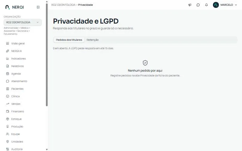 Privacidade e LGPD, aba Pedidos dos titulares