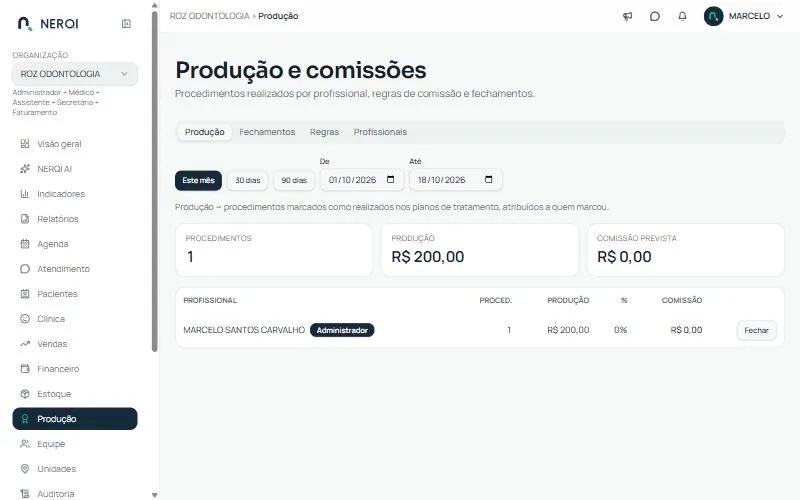 Produção e comissões, aba Produção
