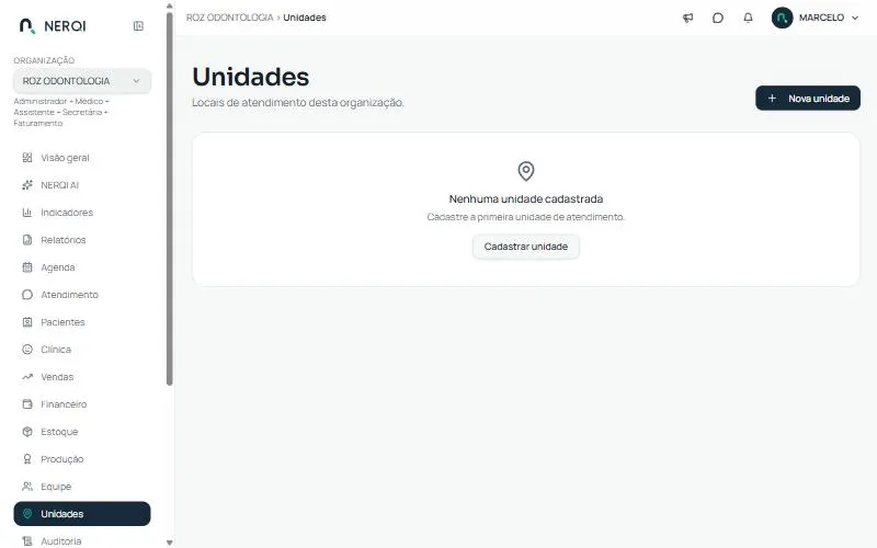 Tela Unidades vazia, com o botão Nova unidade